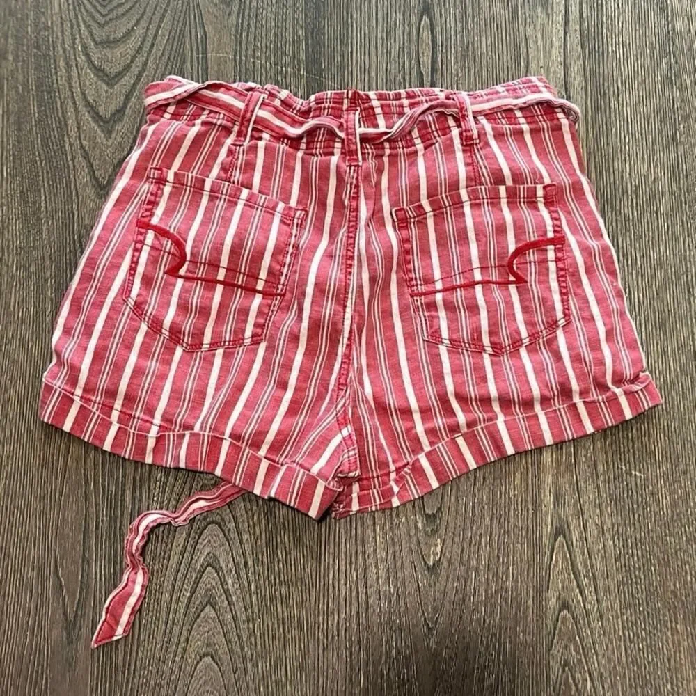 American Eagle Hi-Rise Linen Paperbag Shorts Striped Belted Red White Size 8